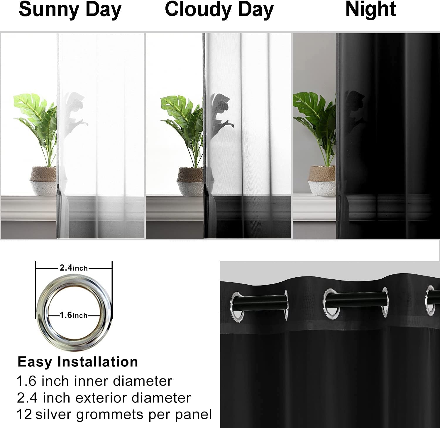Hiasan Black Sheer Curtains For Bedroom With Tiebacks, Grommet Light Filtering Extra Wide Voile Texture Window Curtains For Living Room, Kids' Room And Nursery, W70 X L84, 2 Soft Drape Panels