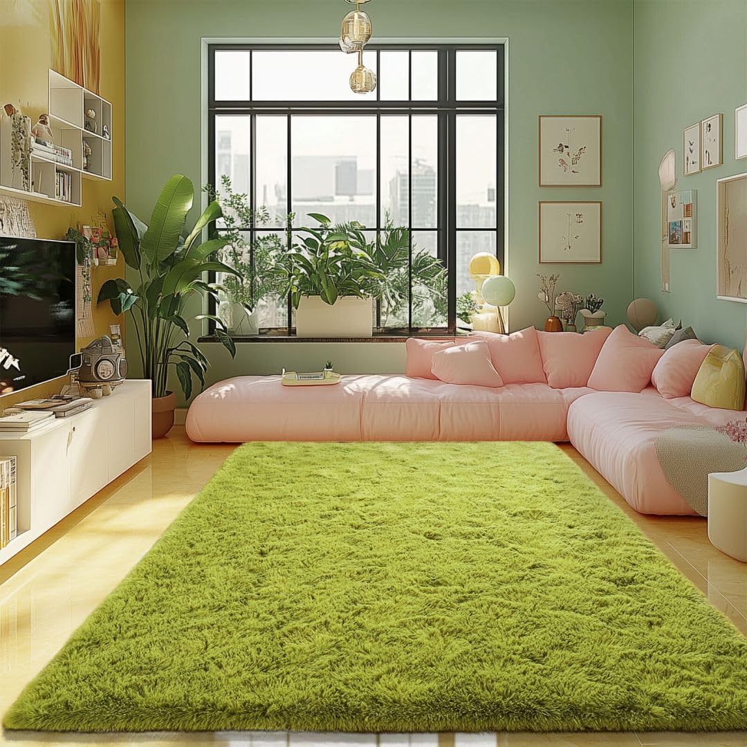 Blivonta Green Rug For Bedroom, 8X10 Fluffy Area Rugs For Kids Playroom, Furry Carpet For Nursery Room, Shaggy Rug For Teen Livi