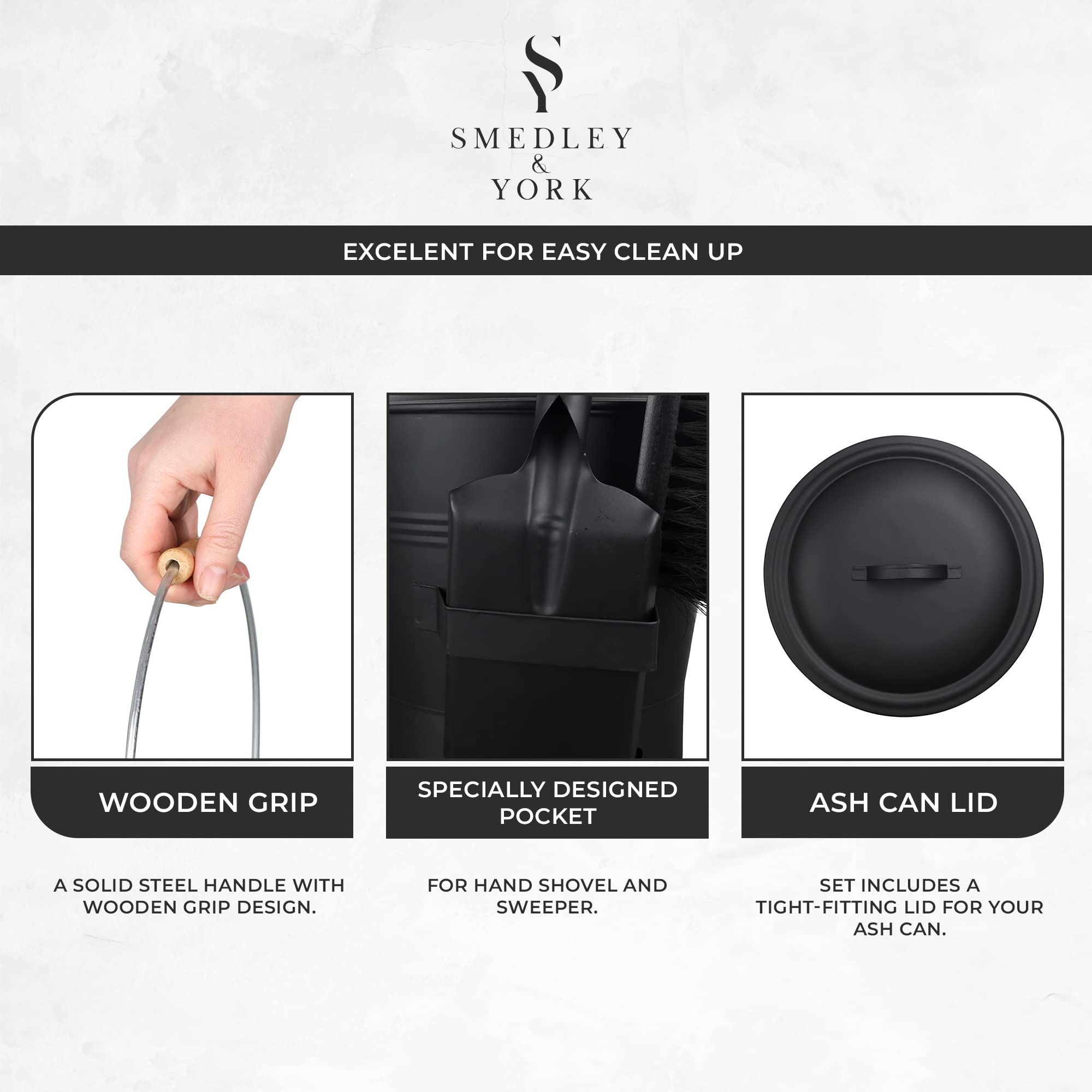 Smedley & York 2.15 Gallon Black Ash Bucket And Fireplace Tool Set With Lid, Shovel & Broom