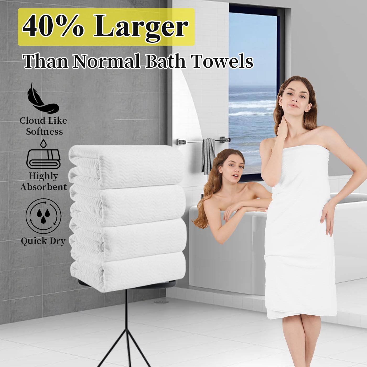 4 Piece Bath Towel Oversized Bath Sheet 35''X70'' White Bathroom Towel Extra Large Bath Towel Set Highly Absorbent Quick Dry Pre