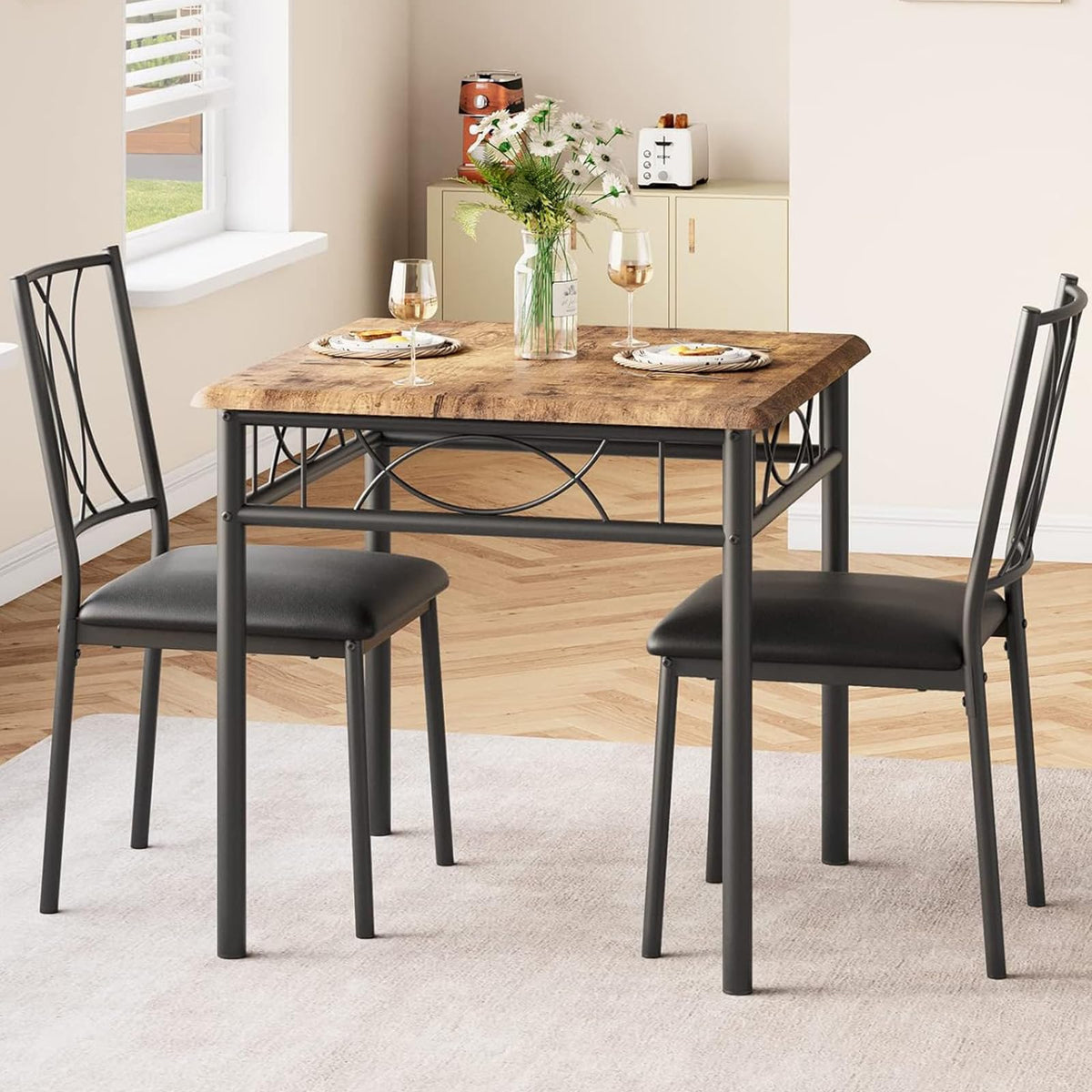 Idealhouse Dining Table Set For 2, Square 3 Piece Kitchen Room Sets With 2 Upholstered Chairs, Compact Dining Room Table Set For