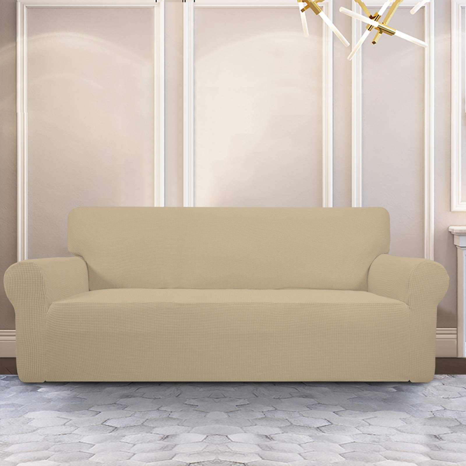 Purefit Stretch Oversized Sofa Slipcover – Spandex Jacquard Non Slip Soft Couch Sofa Cover, Washable Furniture Protector With Non Skid Foam And Elastic Bottom For Kids (Oversized Sofa, Sand)