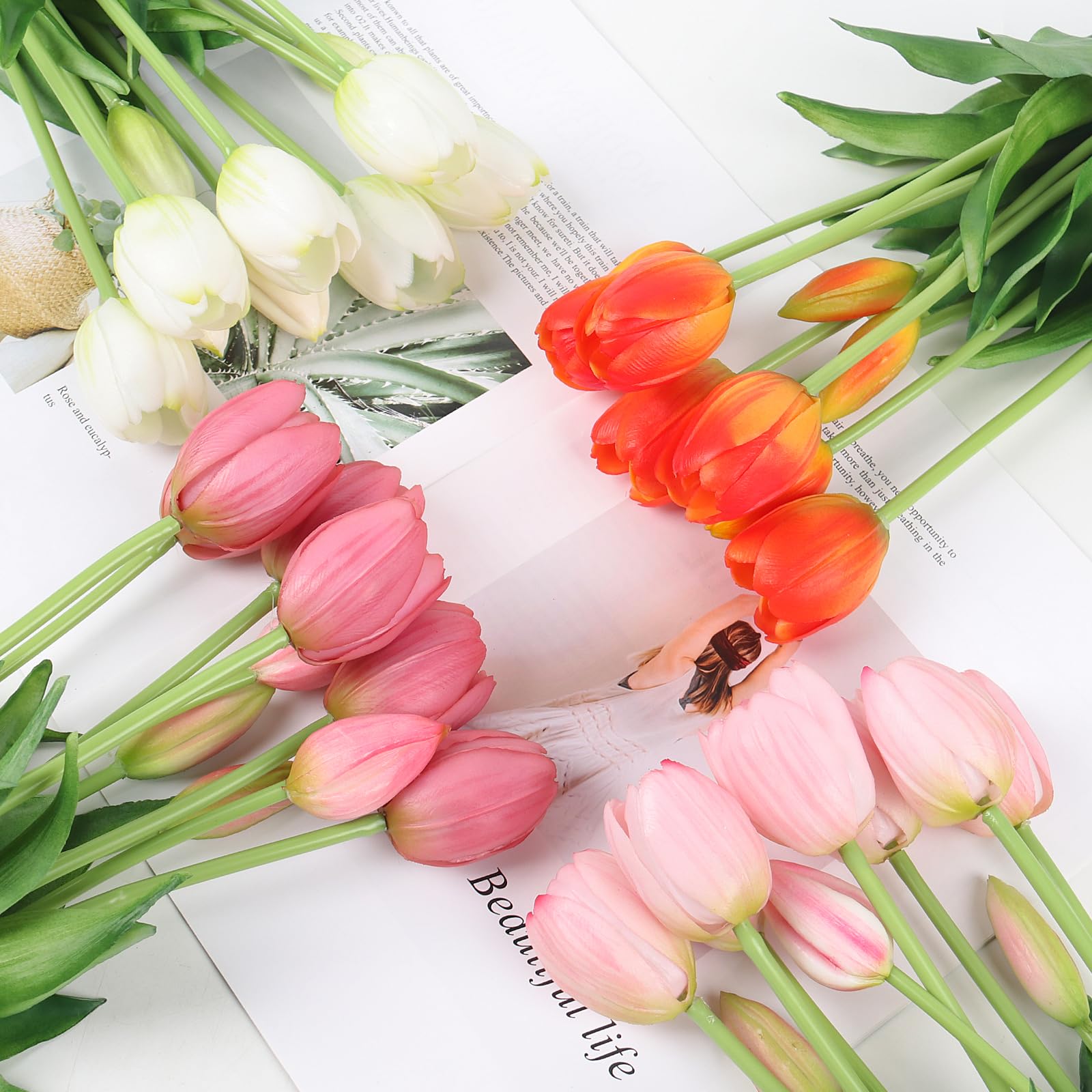 Beferr 10Pcs White Tulips Artificial Flowers Faux Tulip Real Touch Tulip Fake Flowers Bouquets