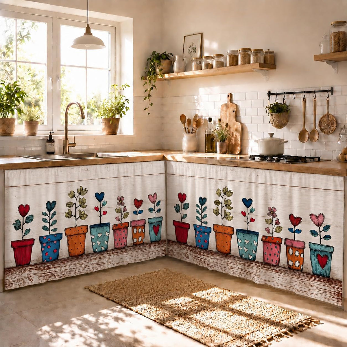 XOIPED Under Sink & Counter Curtain for Modular Kitchen  Printed Fabric Rod Pocket Hanging Skirt, Washable UnderCounter Cover,