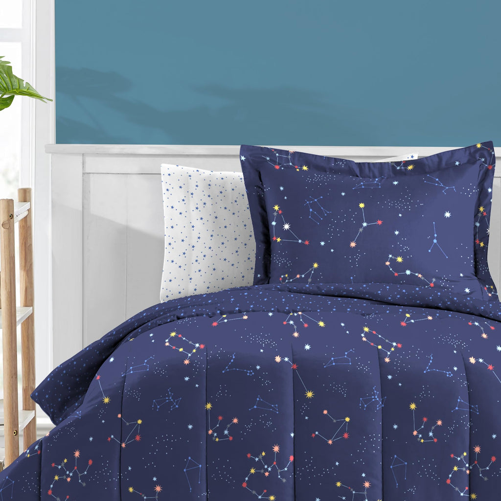 Dream Factory Kids 7-Piece Complete Bed Set Easy-Wash Super Soft Microfiber Comforter Bedding, Full, Navy Blue Zodiac
