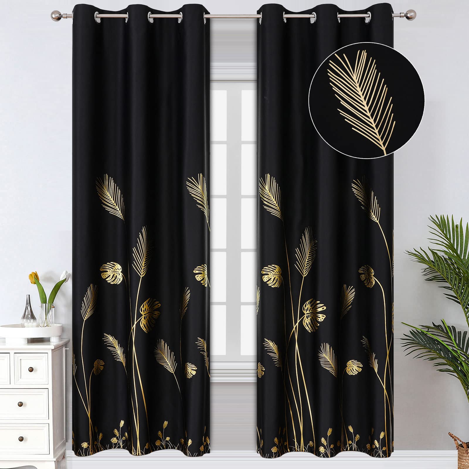 Estelar Textiler Palm Tree Leaf And Wheat Blackout Curtains Thermal Insulated Gold Print Light Blocking Curtain Drapes For Bedro