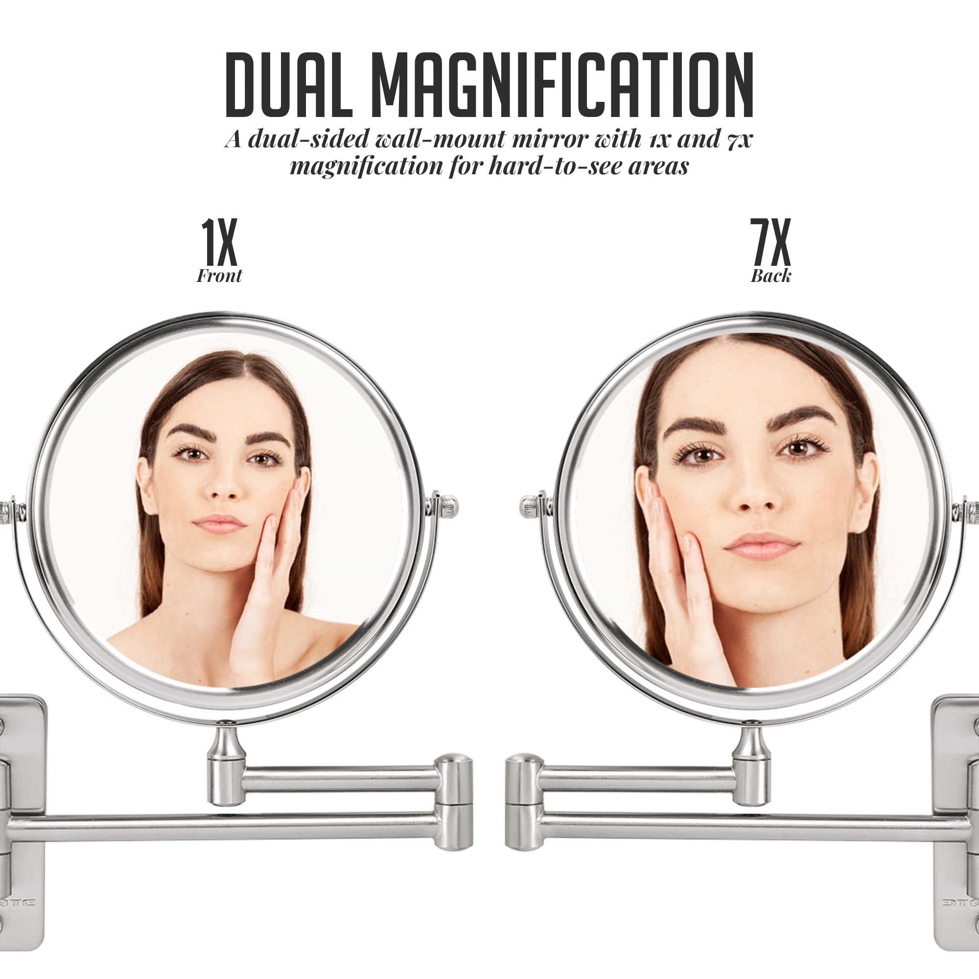 Ovente 7' Wall Mounted Makeup Mirror - 1X/ 7X Magnification, Rotating 360-Degree, Double-Sided, Extendable & Folding Arm, Clear