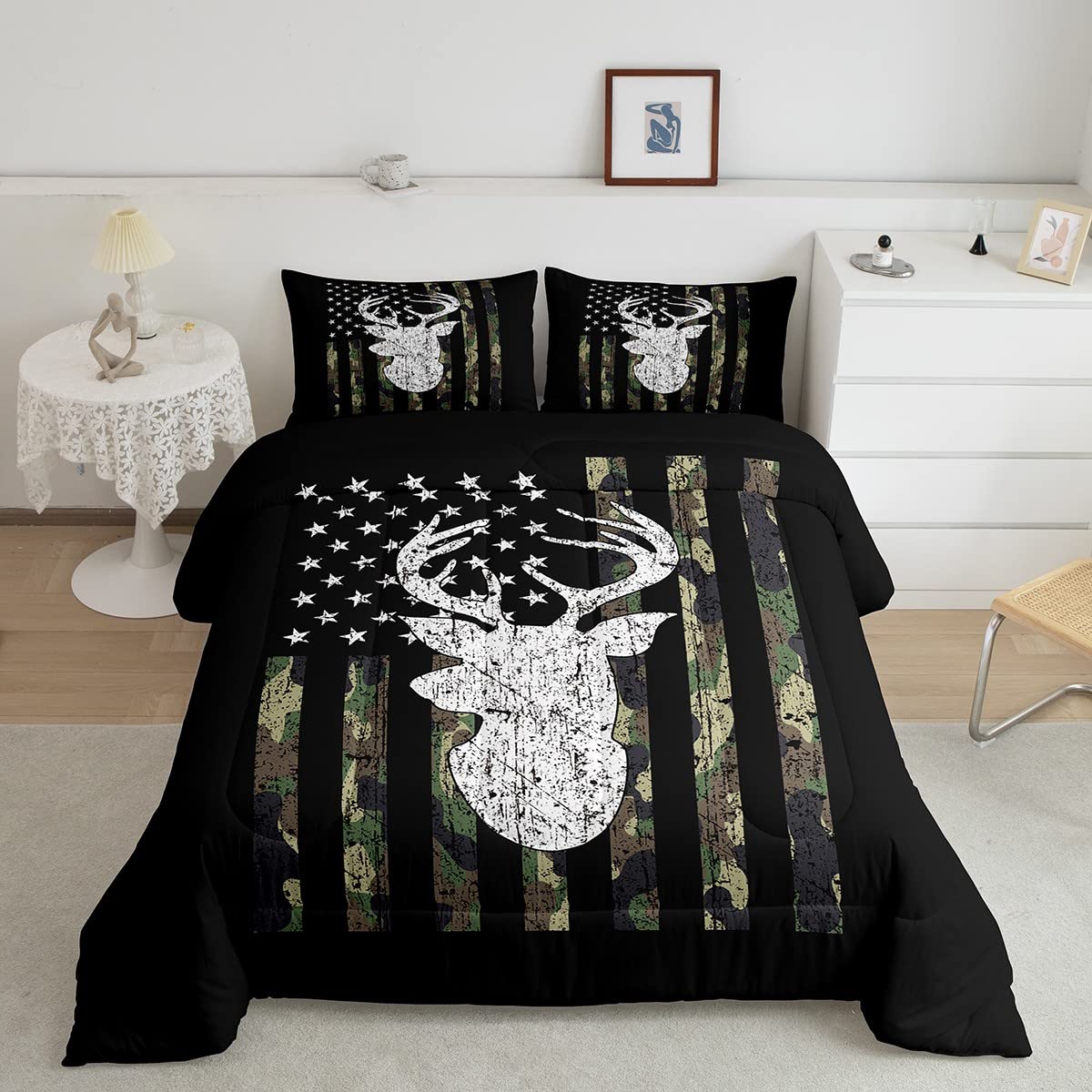 Deer Camo Comforter Set Queen Antlers Hunting Camo Bedding Sets For Teen Boys Men Camouflage American Flag Bed Comforter Set ,We