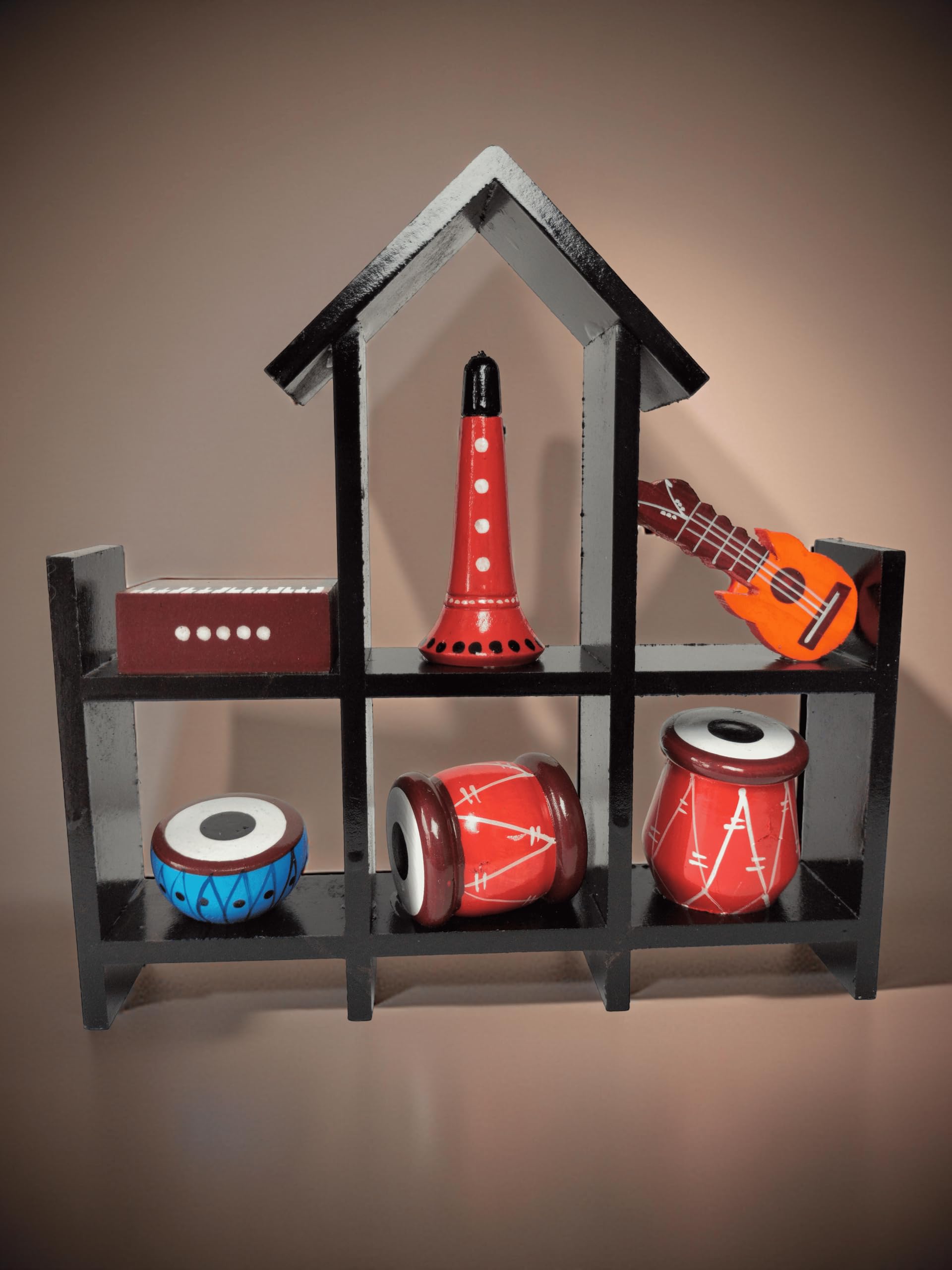 Channapatna Handcrafted Wooden Wall Display Unit With Musical Instruments Design, Traditional Indian Home Decor, Black And Red, 