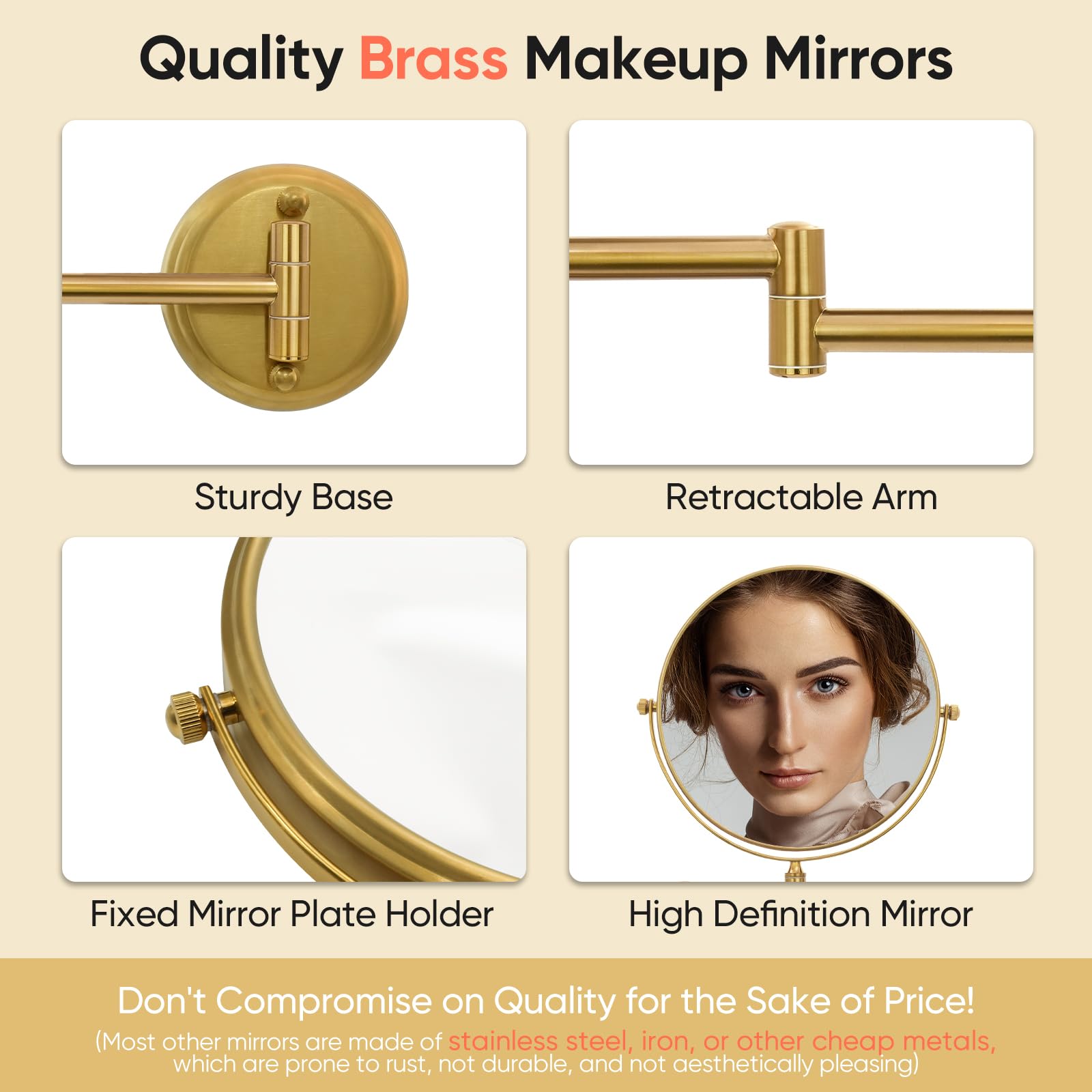 GURUN 8" Wall Mounted Makeup Mirror, 10X Magnification, Brass, Retro Gold Finish, Two-Sided Swivel
