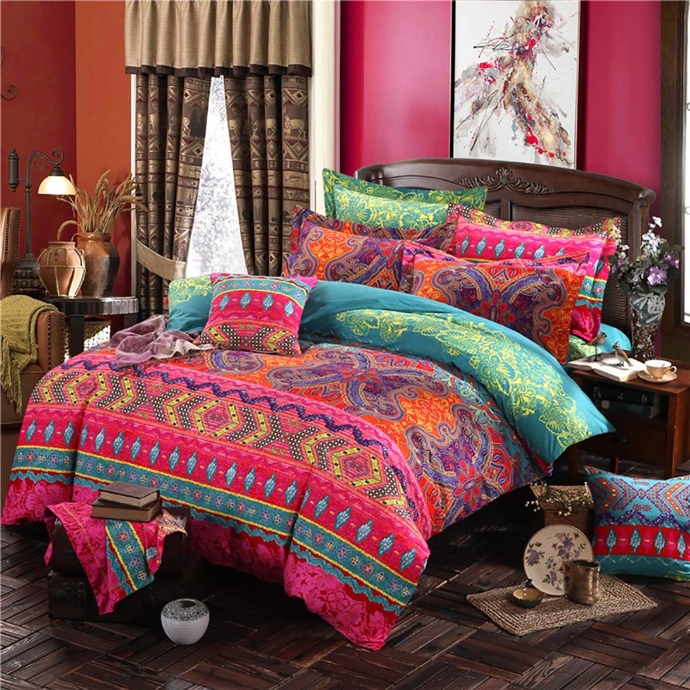 Omelas Bohemian Queen Duvet Cover Set Colorful Boho Floral Bedding Super Soft Microfiber Duvets Cover Queen Size Zipper Closure