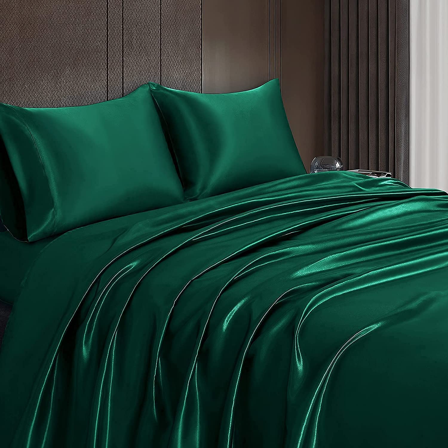 Homiest 3Pcs Satin Sheets Set Luxury Silky Satin Bedding Set With Deep Pocket, 1 Fitted Sheet + 1 Flat Sheet + 1 Pillowcase (Twin Xl Size, Blackish Green)
