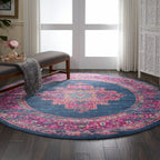 HomeRoots 100% Polypropylene 8’ Round Blue and Pink Medallion Area Rug