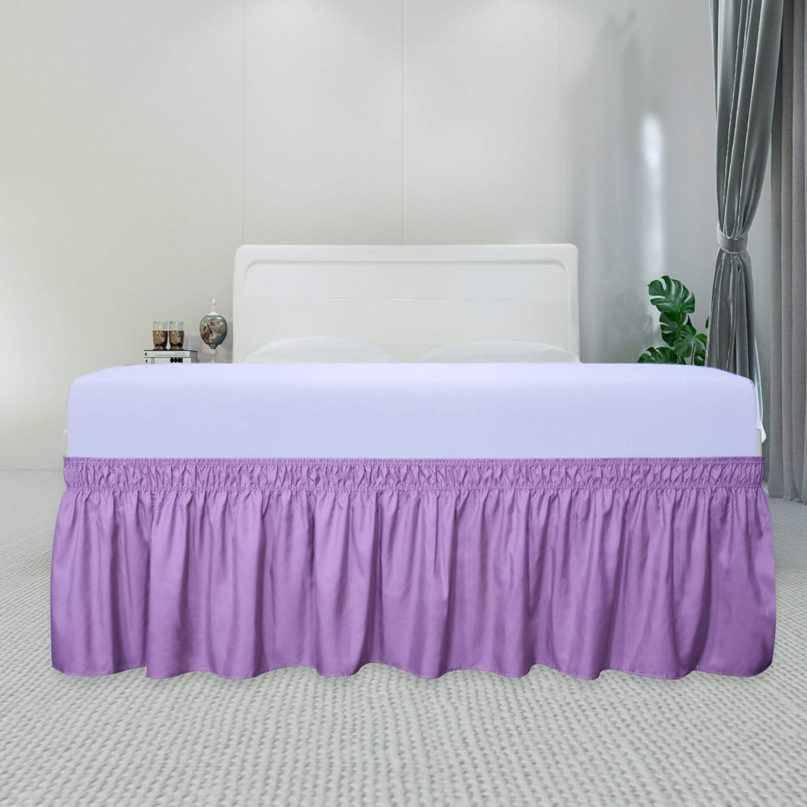 Purefit Wrap Around Ruffled Bed Skirt With Adjustable Elastic Belt - 18 Inch Drop Easy To Put On, Wrinkle Free Bedskirt Dust Ruffles, Bed Frame Cover For Twin, Twin Xl And Full Size Beds, Lavender