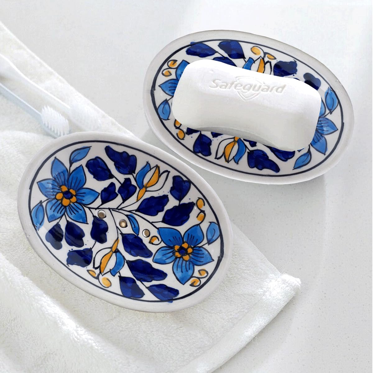 LOOKS FIRST Hand Painted Flower Design Ceramic Soap Dish Tray | Soap Holder | Soap Case Holder, Use In The Bathrooms Or Kitchen,