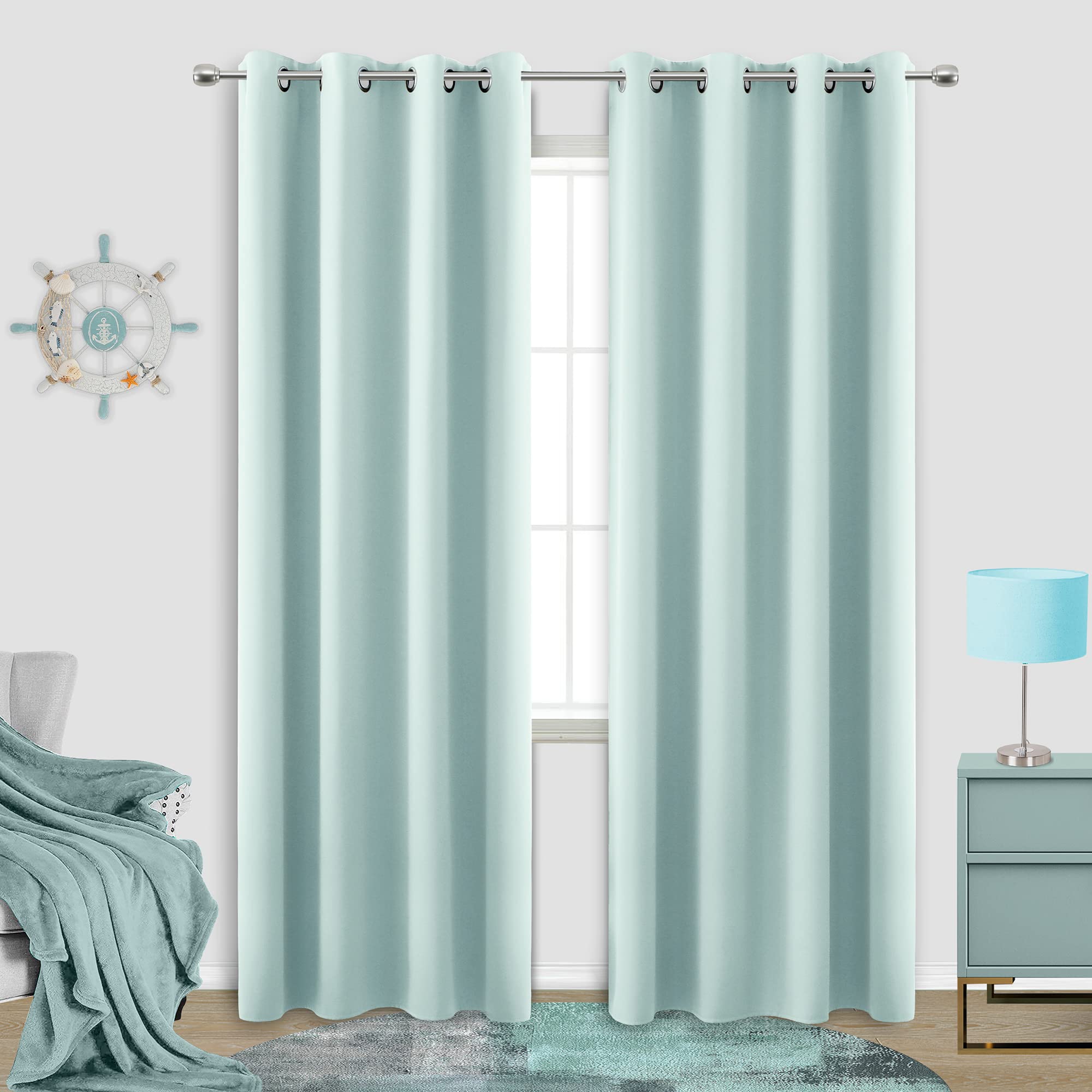 Aqua Curtains 96 Inches Long for Bedroom Beach Room Decor 2 Panel Set Cooling Summer Window Treatments Nursery Match Light Blue 