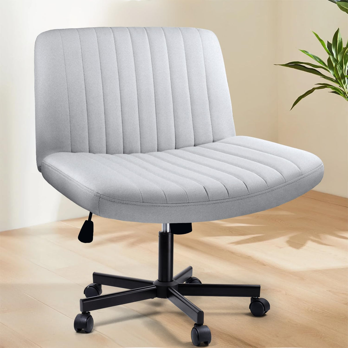 Vendorz Criss Cross Chair With Wheels, Cross Legged Office Vanity Chair With Wheels, Comfortable Grey Vanity Chair With Back, Pu