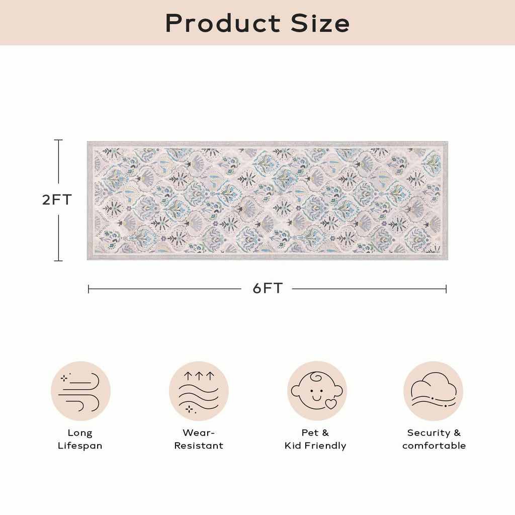 Ashler Runner Rugs 2X6, Floral Hallway Rug, Ultra-Thin Boho Tropical Area Rug, Vintage Long Rugs For Entryway, Kitchen, Foggy Bl
