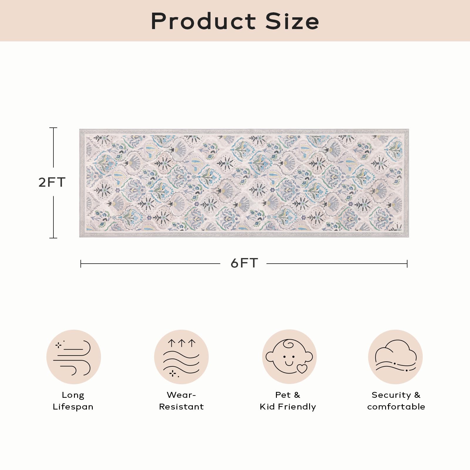 Ashler Runner Rugs 2X6, Floral Hallway Rug, Ultra-Thin Boho Tropical Area Rug, Vintage Long Rugs For Entryway, Kitchen, Foggy Bl
