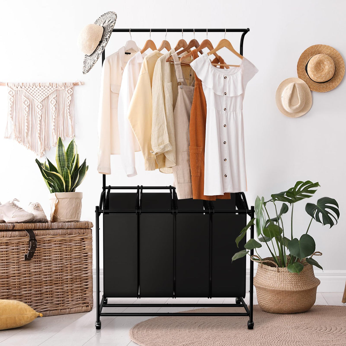 LUCKUP Laundry Sorter 4 Sections with Hanging Bar, 4 Bags Laundry Hamper Rolling Laundry Basket Cart with Lockable Wheels for La