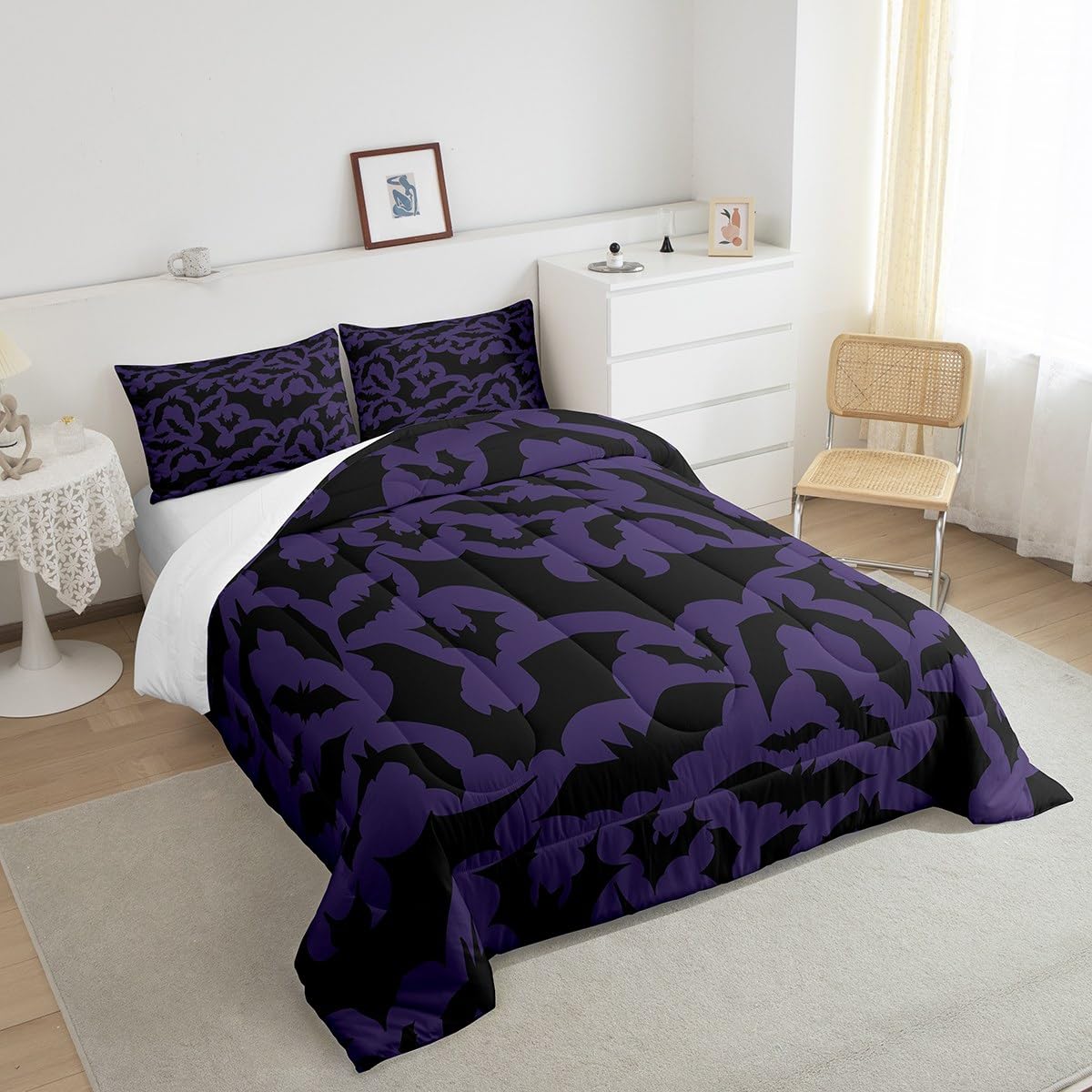 Halloween Themed Bedding Set King Size,Black Bats Animal Print Comforter Set Room Decor For Couple,Dark Purple Color Microfiber