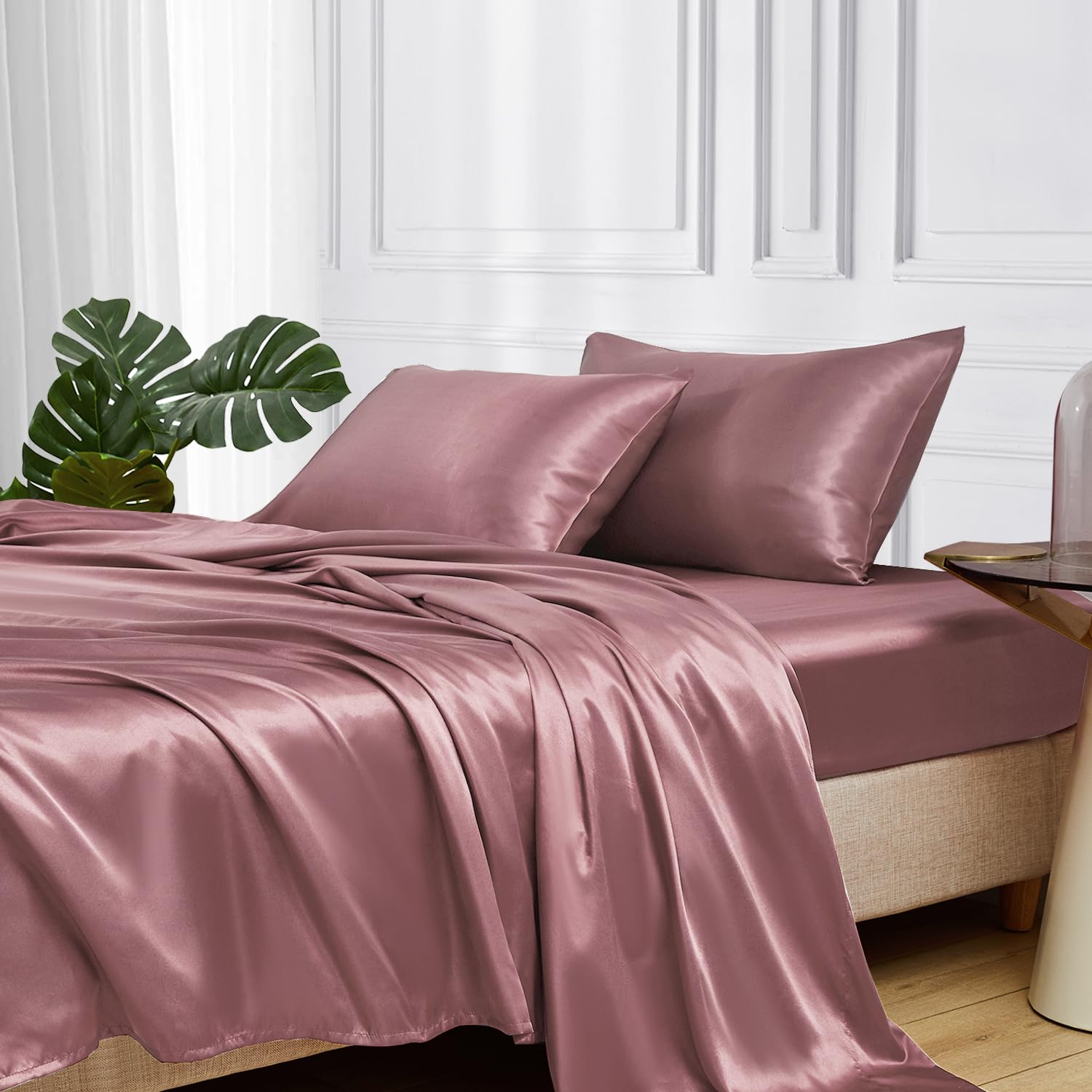 Mr&Hm Satin Bed Sheets, Full Size Sheets Set, 4 Pcs Silky Bedding Set With 15 Inches Deep Pocket For Mattress (Full, Rose Taupe)