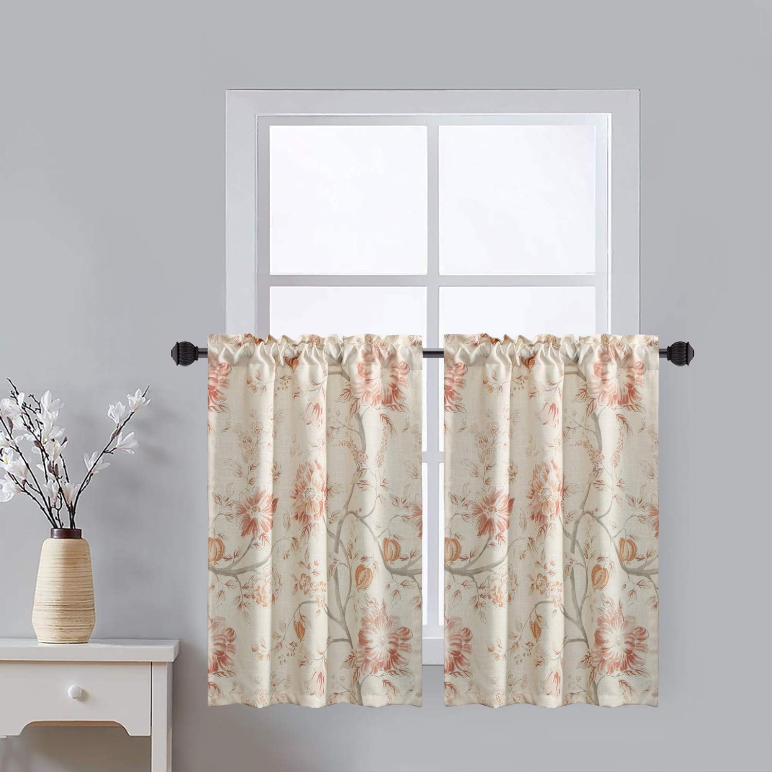 Leeva Kitchen Tier Curtains For Windows, Watercolor Plant Pattern Rustic Design Thermal Insulated Small Window Curtains For Dini