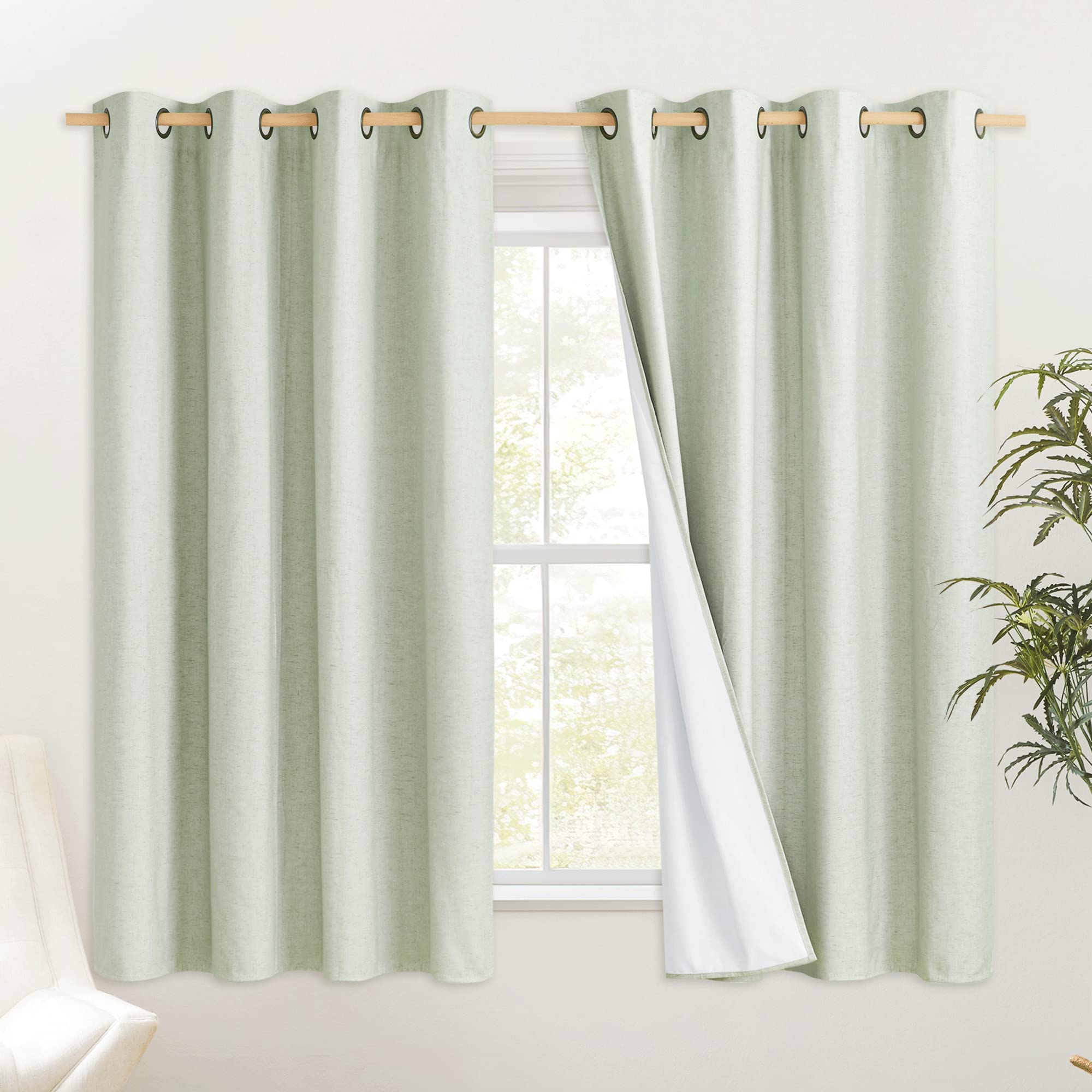 NICETOWN Beige 100% Blackout Short Curtains 68 Lenghth Burg for Kitchen, 2 Panels, Beige Linen Drapes with Thermal Insulated Whi