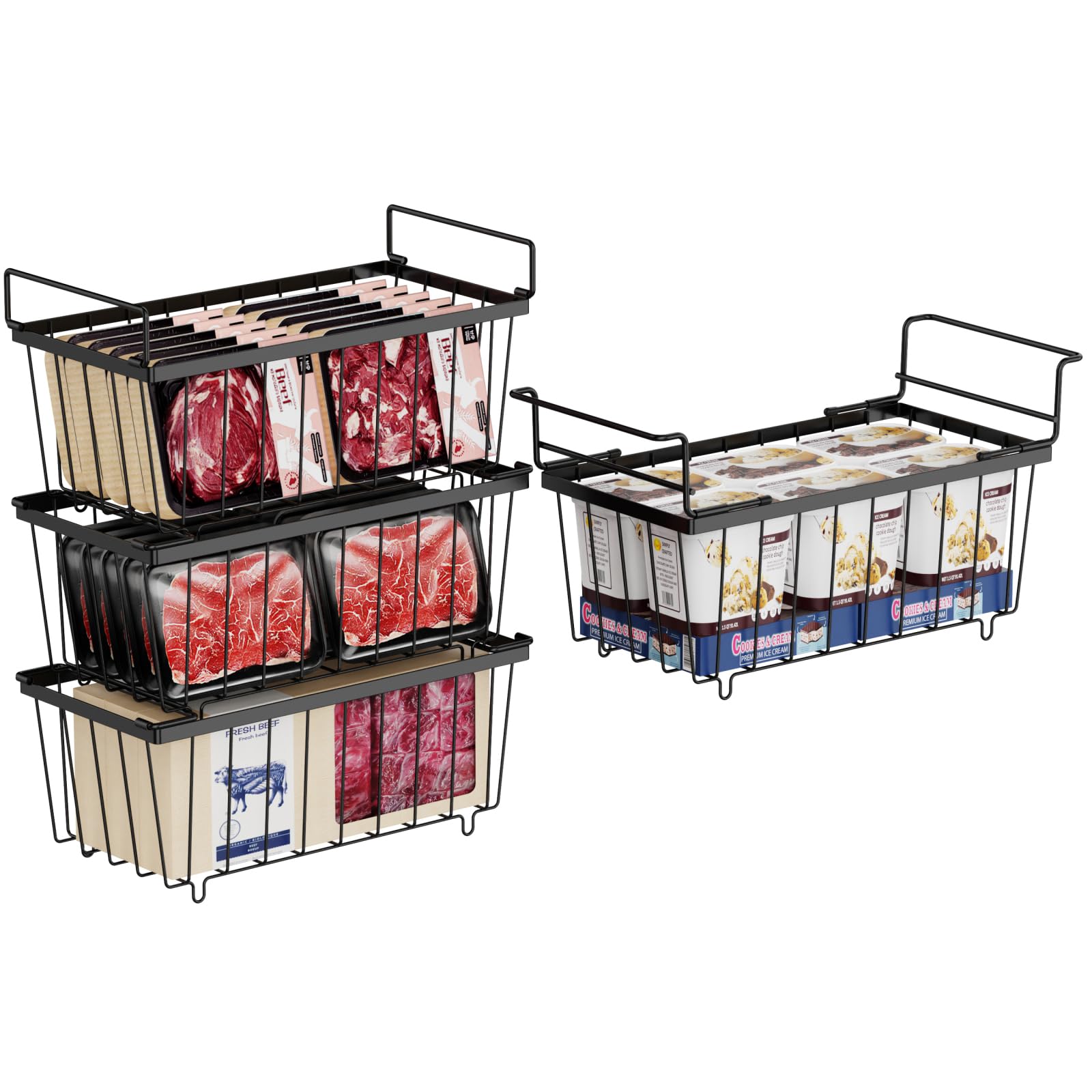 Ispecle Chest Freezer Organizer Bins - 15.8~18.8 Inch Freezer Organizer Bins For 7 Cu.Ft Deep Freezer, 1 Hanging Basket And 3 Pa