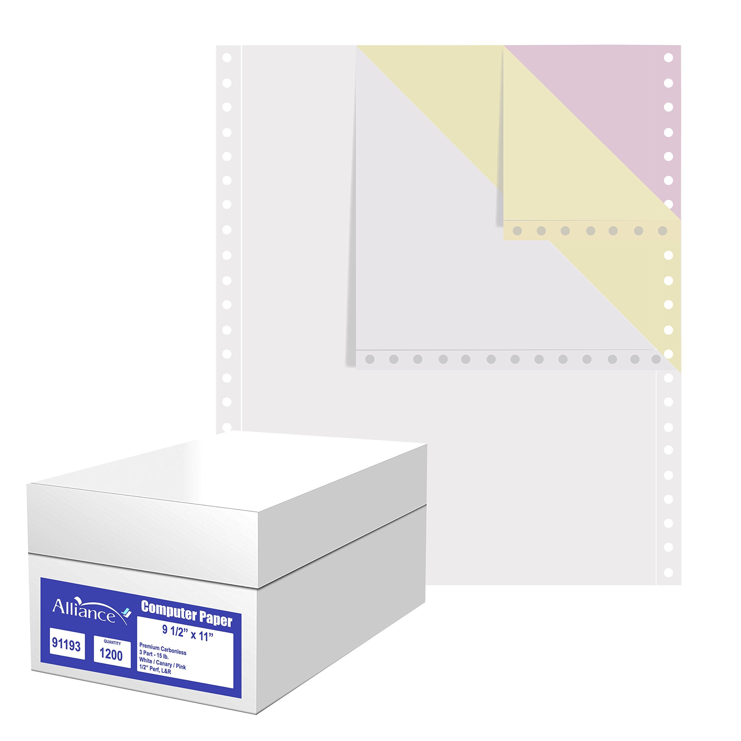Alliance Continuous Carbonless Computer Paper 9.5 X 11, Blank Left And Right Perforated, 15 Lb, 3-Part White/Canary/Pink (1,200