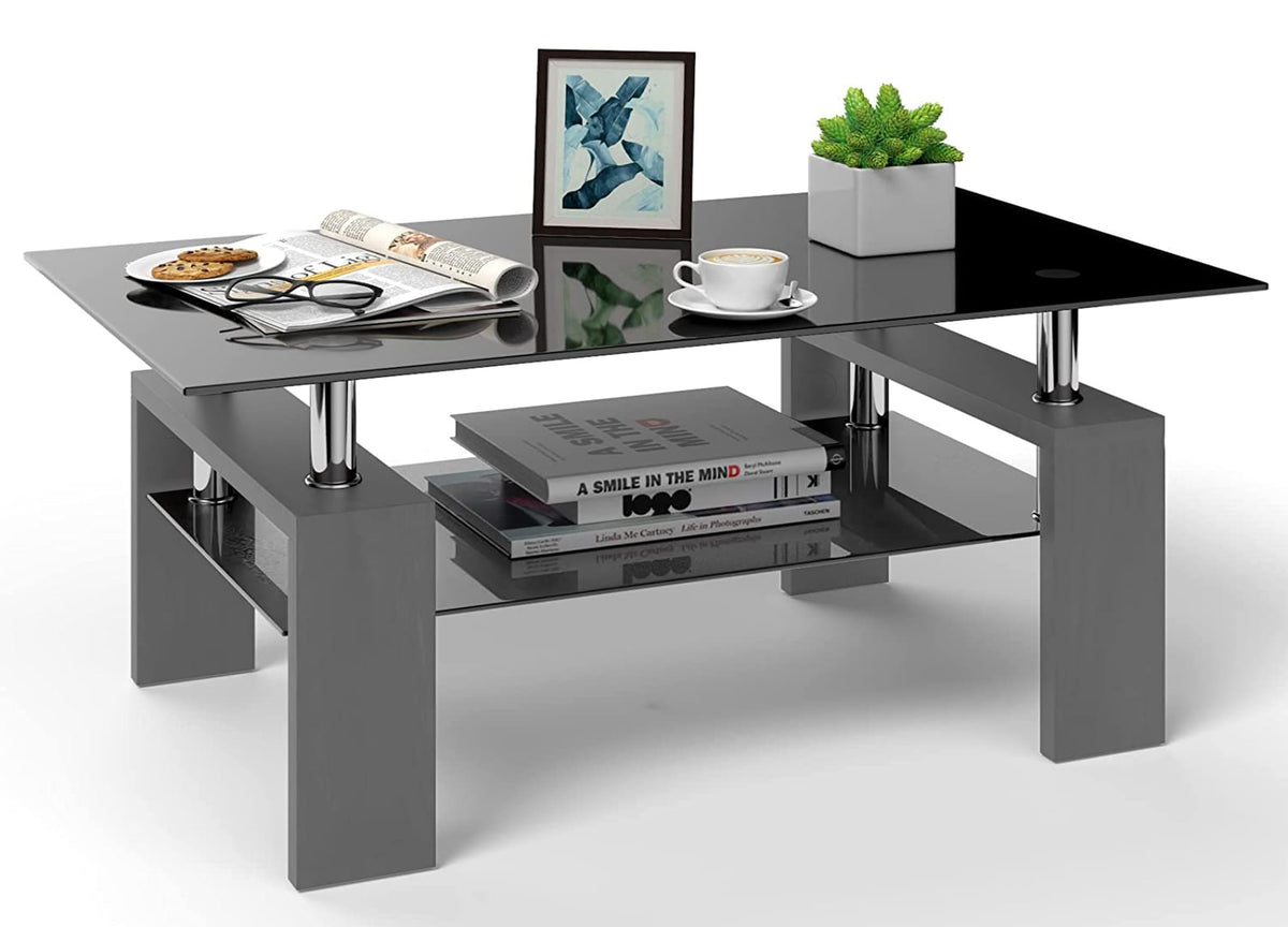 Blisswood Coffee Table For Living Room, Rectangle Glass Coffee Table With Stainless Steel Tube Support & Wooden Legs, Modern Coffee Table With Storage Glass Shelf For Living Room Furniture
