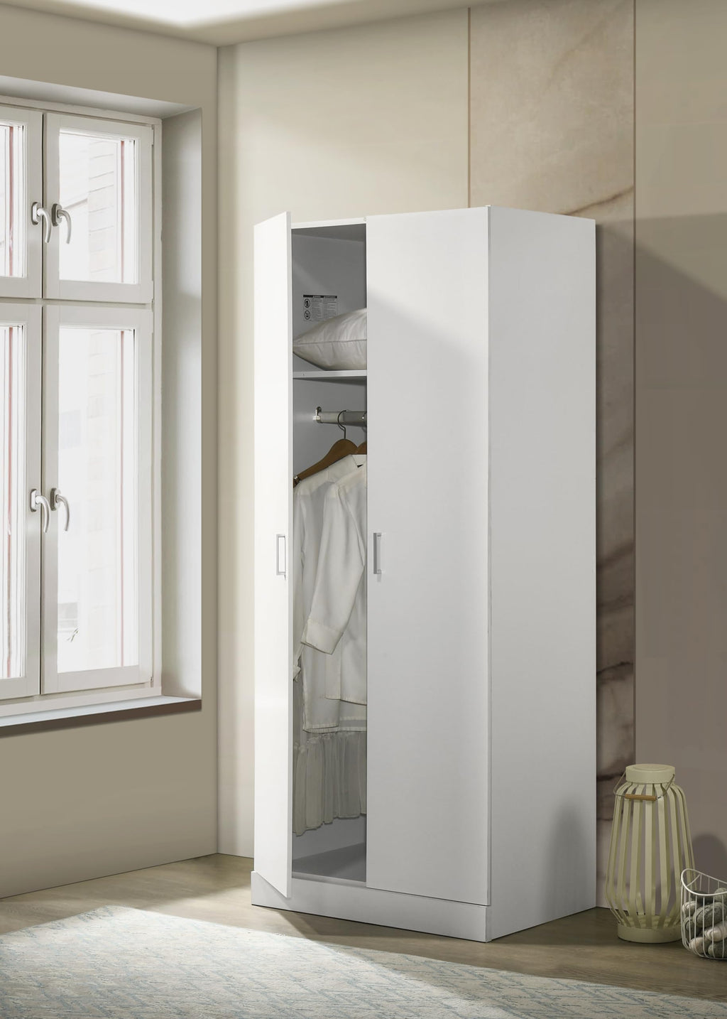 LILOLA LIVING Michael White Double Door Wardrobe Cabinet Armoire with Shelf and Hanging Rod