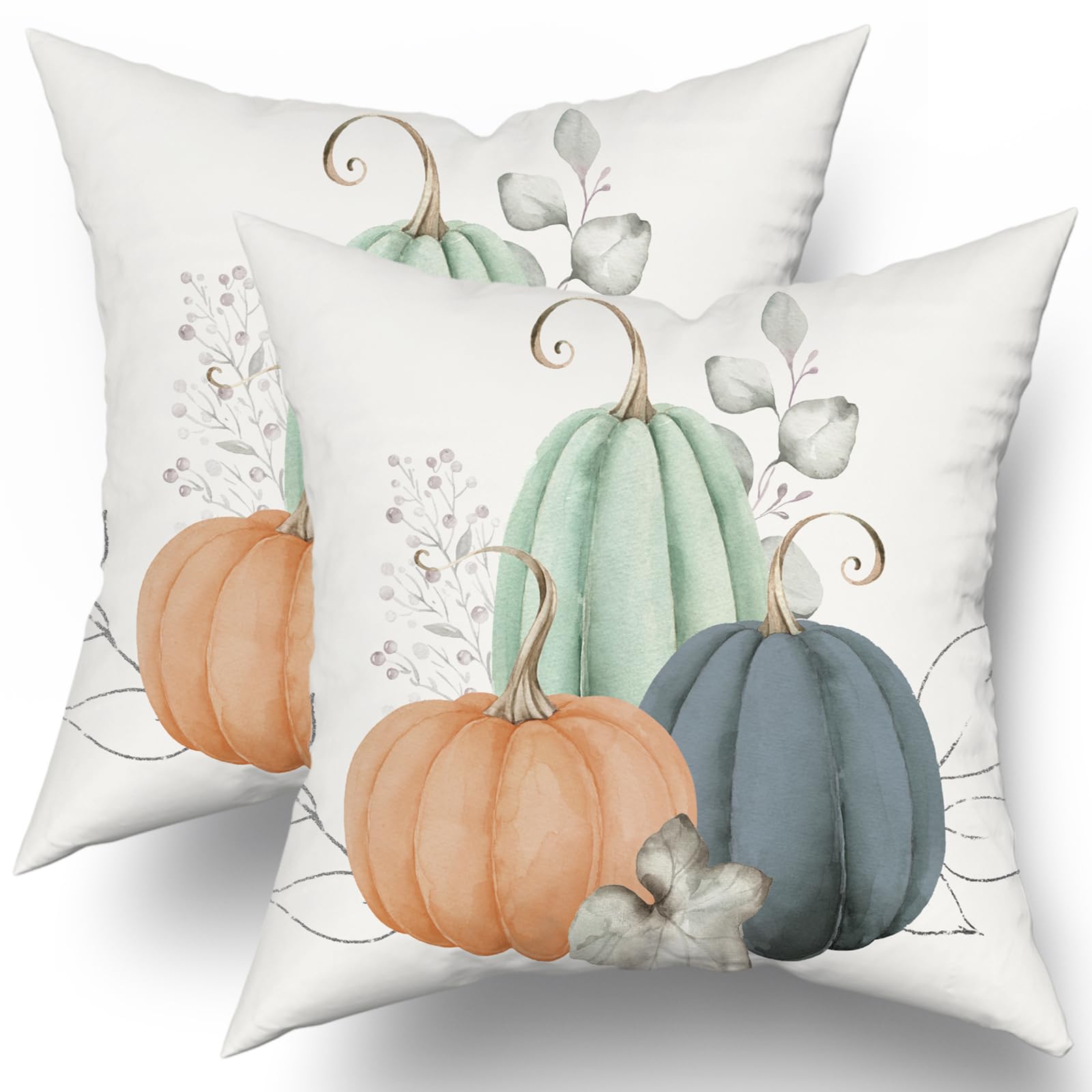 Fall Blue Orange Pumpkin Pillow Covers 18X18 Set Of 2 Watercolor Pumpkins Throw Pillows Autumn Themed Decorations Thanksgiving D