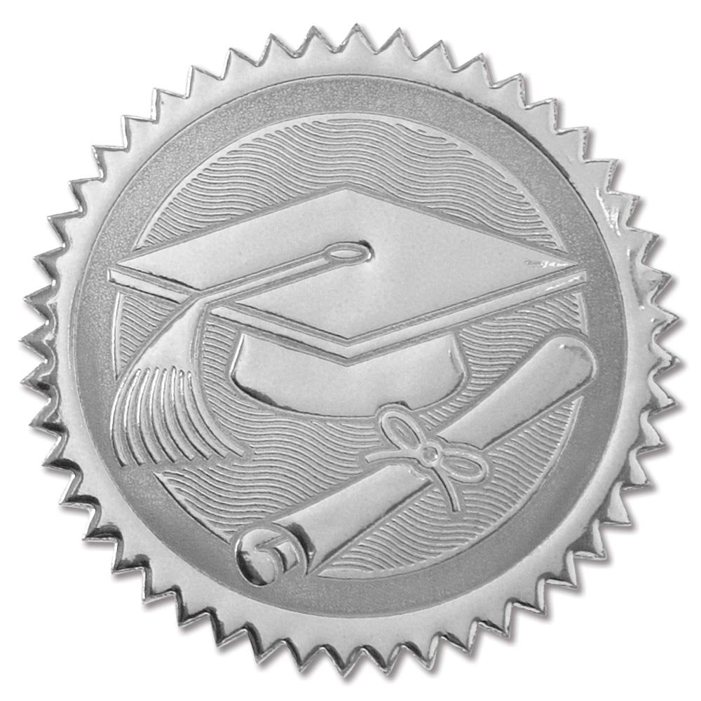 Paperdirect Embossed Graduation Cap And Diploma Silver Foil Certificate Seals, 2 Inch, Self Adhesive, 102 Count, Embossed Seals