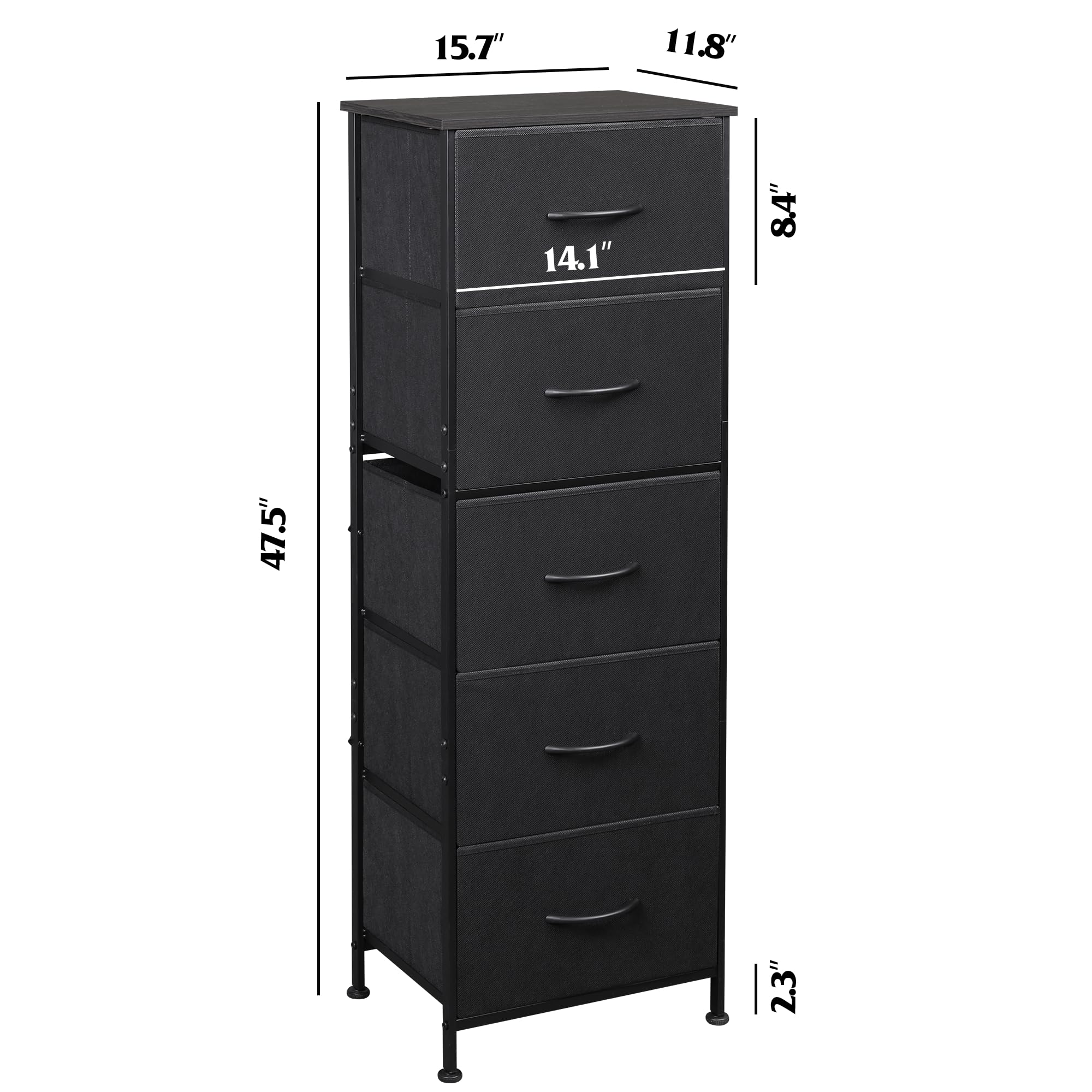 Wlive Fabric Dresser, 5-Drawer Tall Dresser For Bedroom, Storage Dresser Organizer With Fabric Bins, Wood Top, Sturdy Steel Frame, Chest Of Drawers For Closet, Hallway, Charcoal Black
