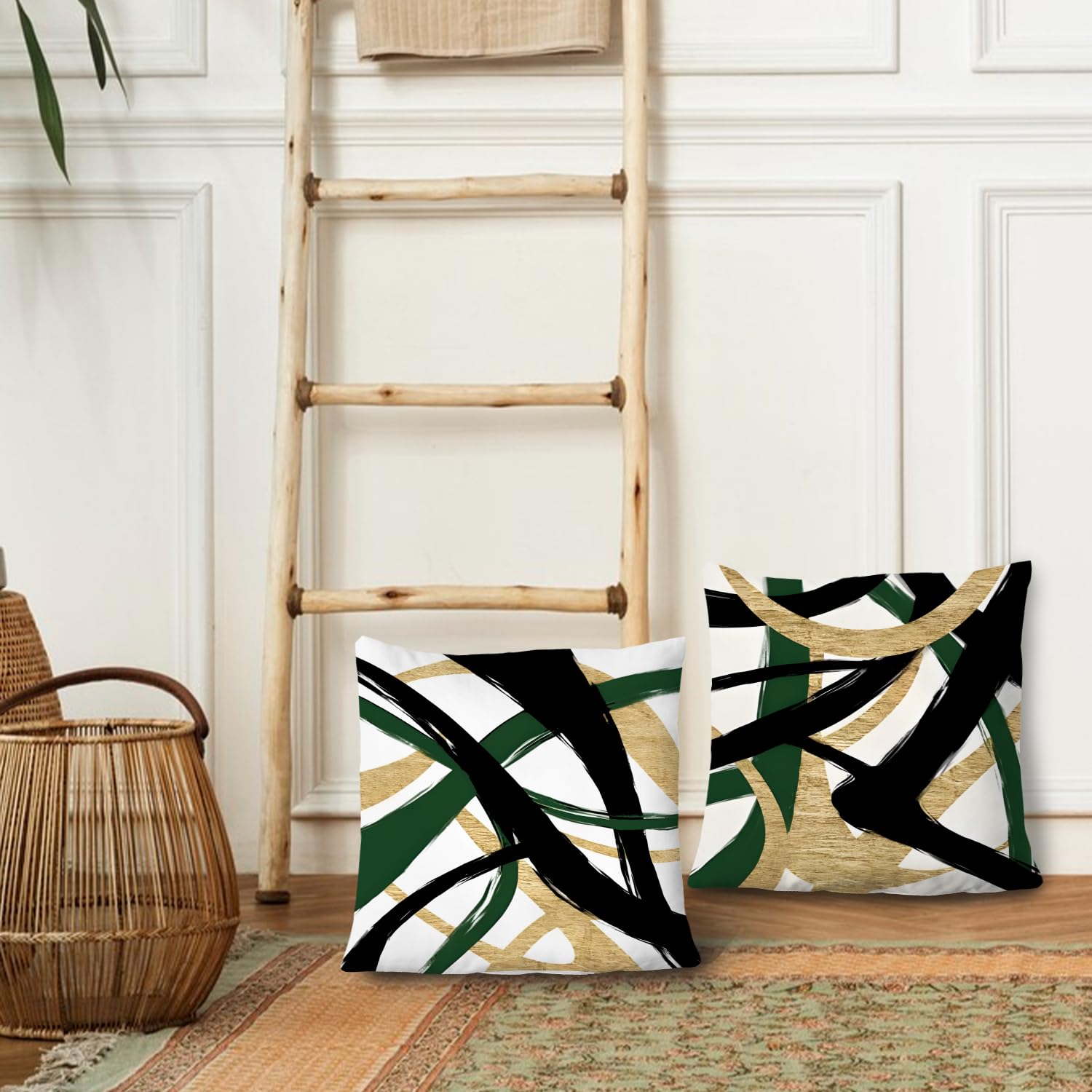 Supwhd Black Gold And Green Pillow Covers, Abstract Black And Gold Pillow Covers 16X16 Set Of 2, Modern Boho Decorative Throw Pi