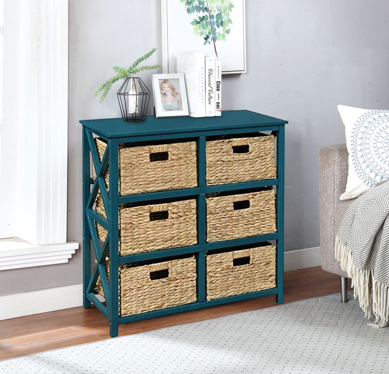 Ehemco 3 Tier X-Side End Storage Cabinet With 6 Wicker Baskets, Teal