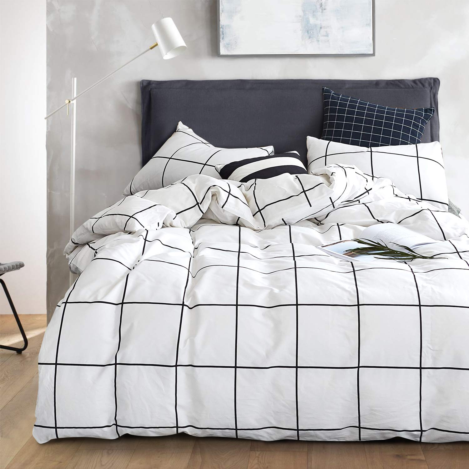 Clothknow White Plaid Comforter Set King 3Pcs White Black Grid Bedding Comforter Sets Checker Comforter King Size White Black Ki