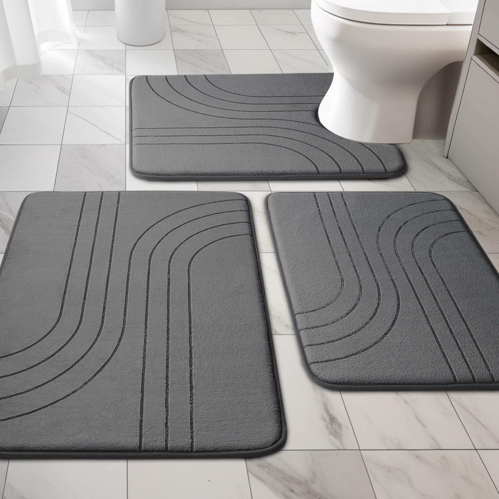 YIHOUSE 3 Piece Bathroom Rug Set, Soft Non Slip Bathroom Mat Sets 3 Piece, Extra Thick Memory Foam Bath Mats for Bathroom, Machi
