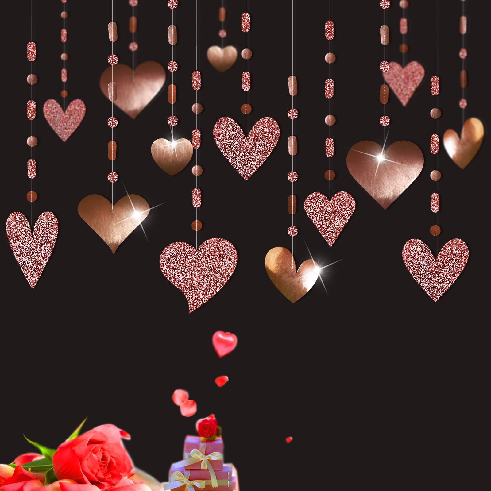 Cheerland 16 Pcs Glitter Rose Gold Heart Garland Decorations Hanging Garlands Streamer Banner Backdrop Valentines Mothers Day W