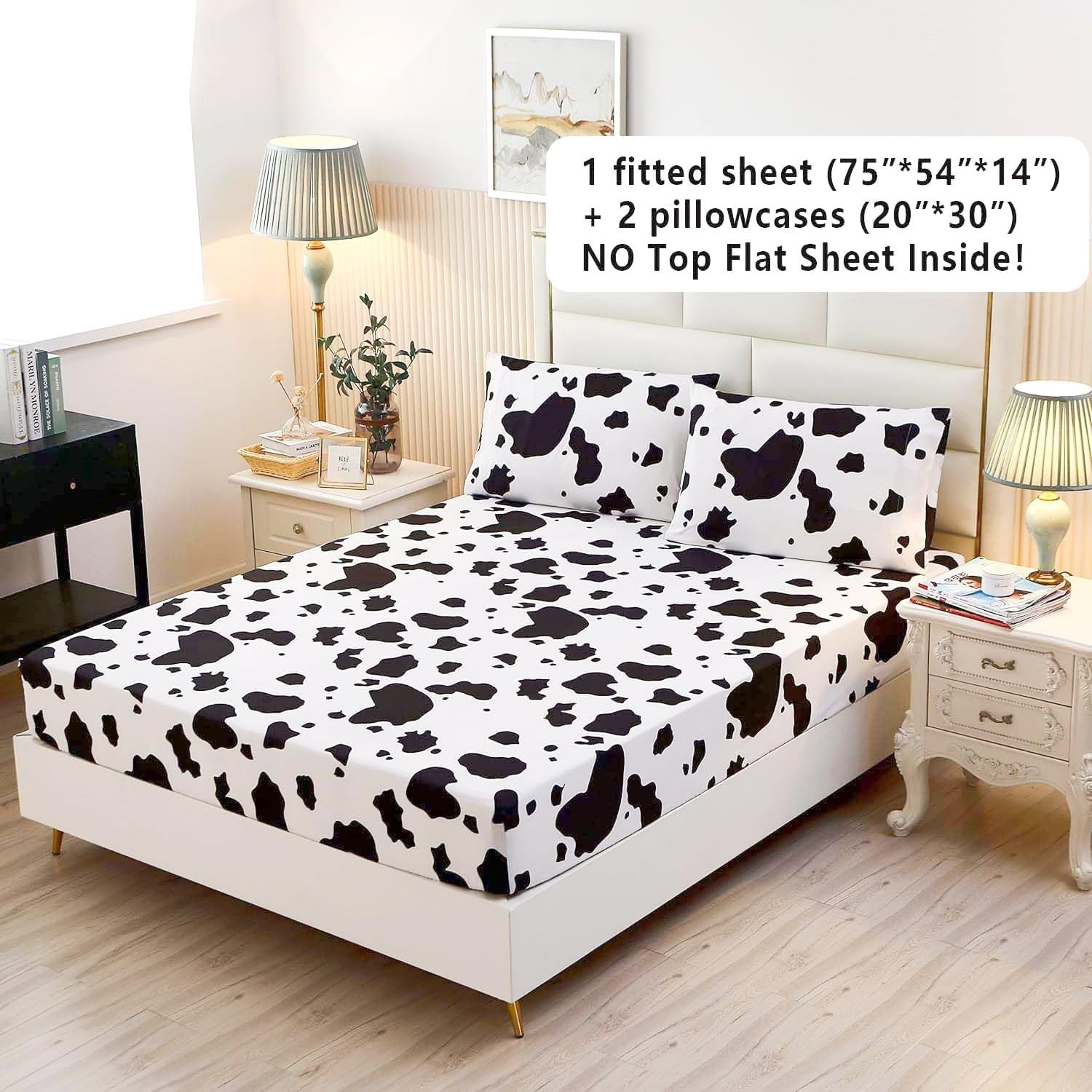 Sdy 3Pcs Milk Cow Print Stuff Bedding Fitted Sheet Set Queen Size, Cartoon Cow Pattern Fitted Sheet With Deep Pocket And 2 Pillo