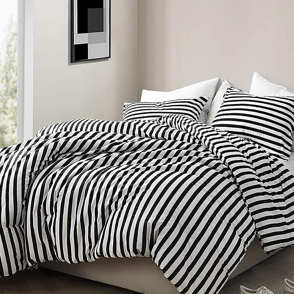 Clothknow Striped Comforter Set California King 3Pcs Black White Bedding Comforter Sets Farmhouse Comforter Ticking Black Comfor