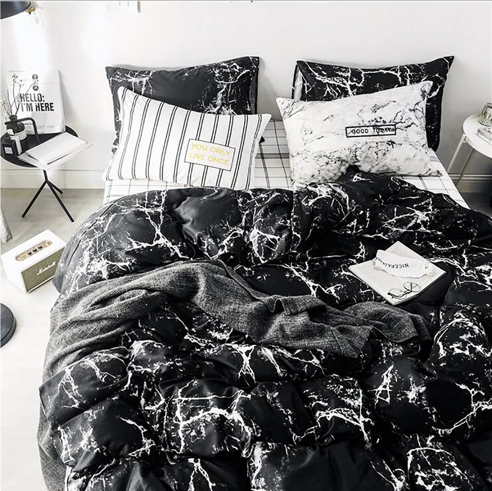 Karever Bedding Set - Full Black Marble 3 Pcs Comforter Set - Includes 1 Comforter, 2 Pillow Covers Cotton, Soft, Breathable, Lu
