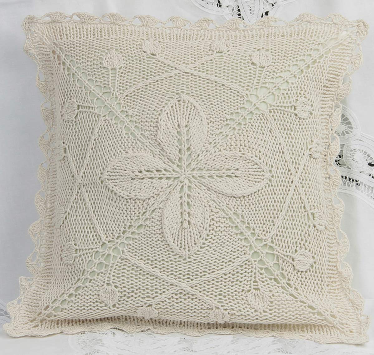 Creative Linens Cotton Crochet Throw Pillow Cushion Cover Case For Couch Sofa Bed Home Decoration 16X16 Inches Ecru Beige #1091
