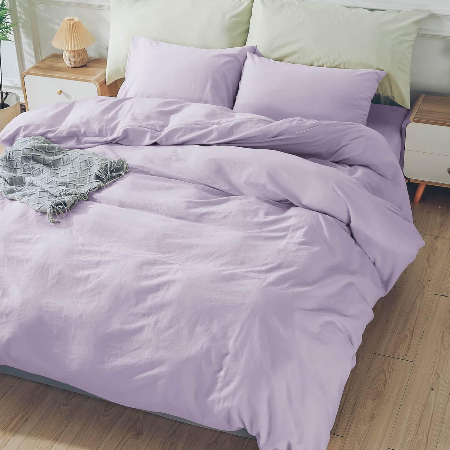 Nexhome Pro Duvet Cover Set 100% Washed Cotton Oversized King 120'X98' Linen Feel Textured Organic Natural 3 Pieces Bedding Set Lavender Lilac Purple With Zipper Closure, Breathable(No Comforter)
