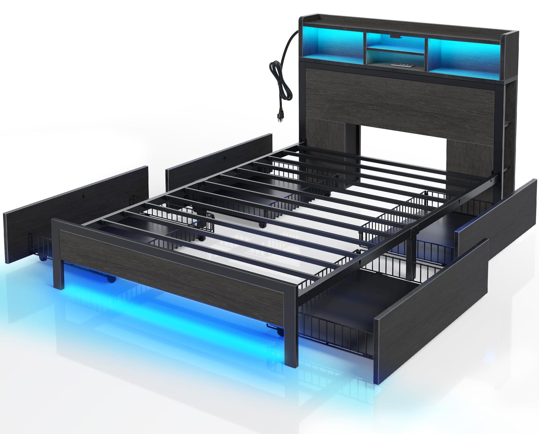 Rolanstar Twin Bed Frame With Storage Headboard, Metal Platform Bed With Charging Station, Led Bed Frame With 4 Drawers, Bookcase Storage, No Box Spring Needed, Easy Assembly, Noise-Free, Black