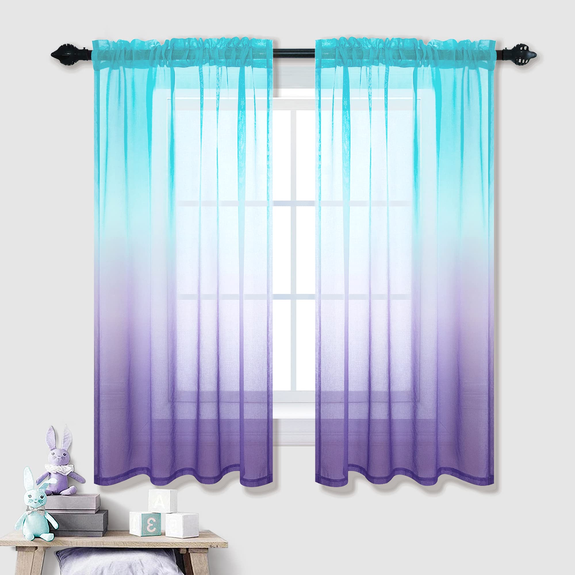 Teen Girl Room Decor Set Of 2 Sheer Curtain Panels Princess Mermaid Ombre Rainbow Colorful Kids Bedroom Decor For Girls Bedroom