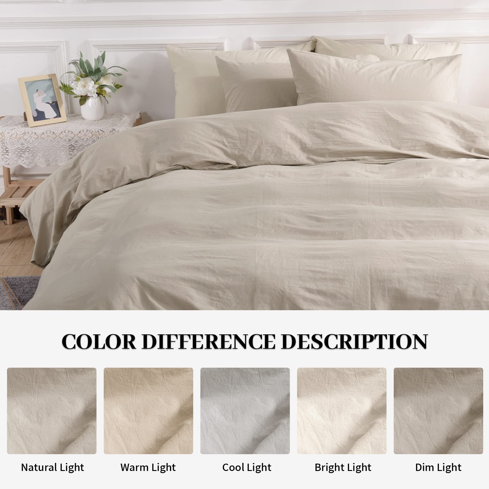 Nexhome Pro Duvet Cover Set Oversized Queen 92'X98' Linen Feel Textured Organic Natural 100% Washed Cotton Duvet Cover 3 Pieces Bedding Set With Zipper Closure, Breathable, Soft (No Comforter)