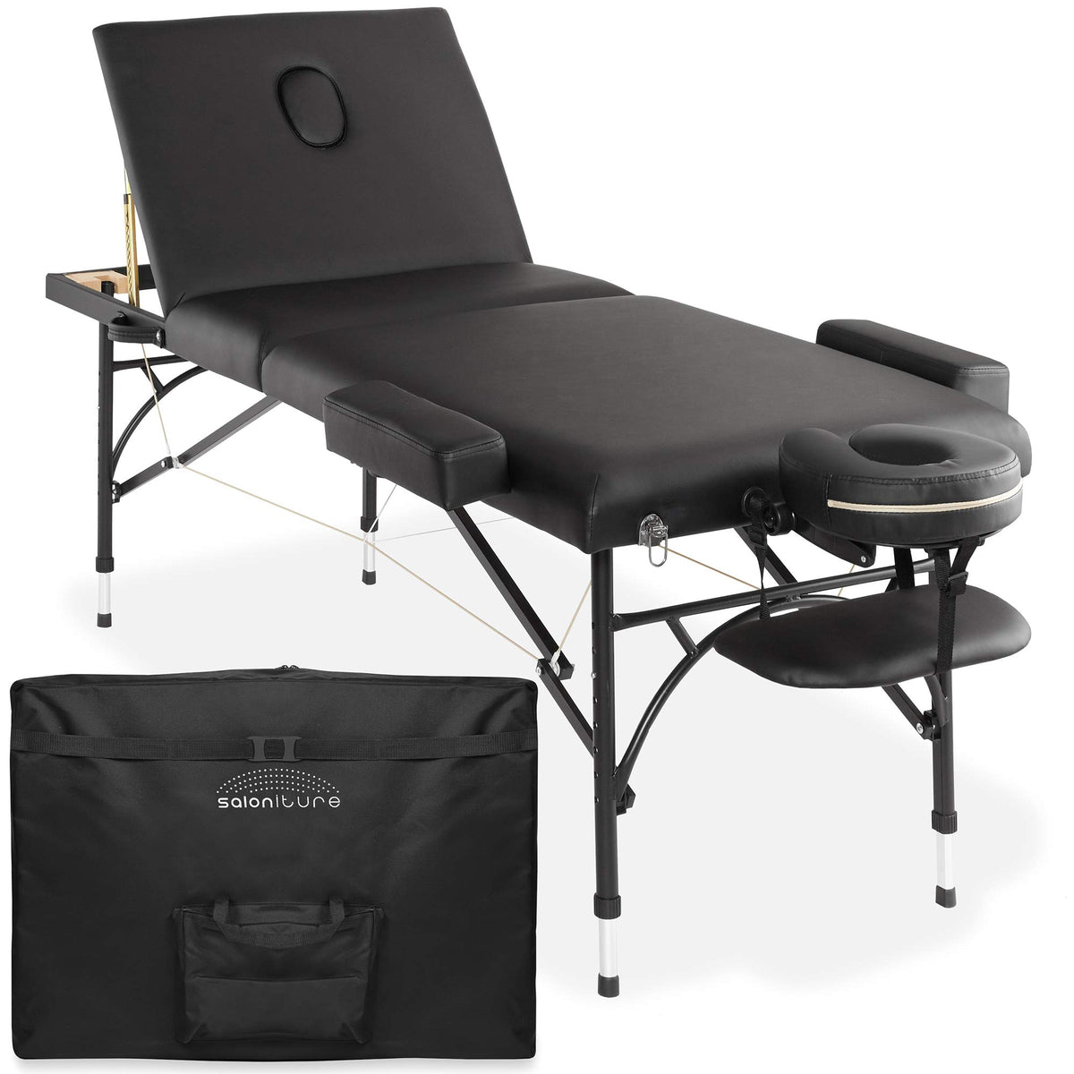 Saloniture Professional Portable Lightweight Tri-Fold Massage Table with Aluminum Legs - Includes Headrest, Face Cradle, Armrest