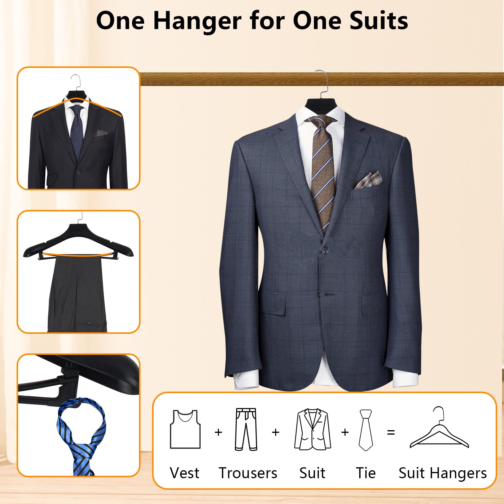 DEDU Plastic Extra Wide Shoulder Suit Hangers for Men, 6 Pack, 17.7 Black Non-Slip Sweater Hangers with Pants Bar & Metal Hook